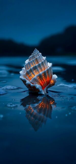 Conch shell illuminated on water, reflecting a serene and mystical ambiance with blue and orange hues | 4K Wallpaper for Mobile