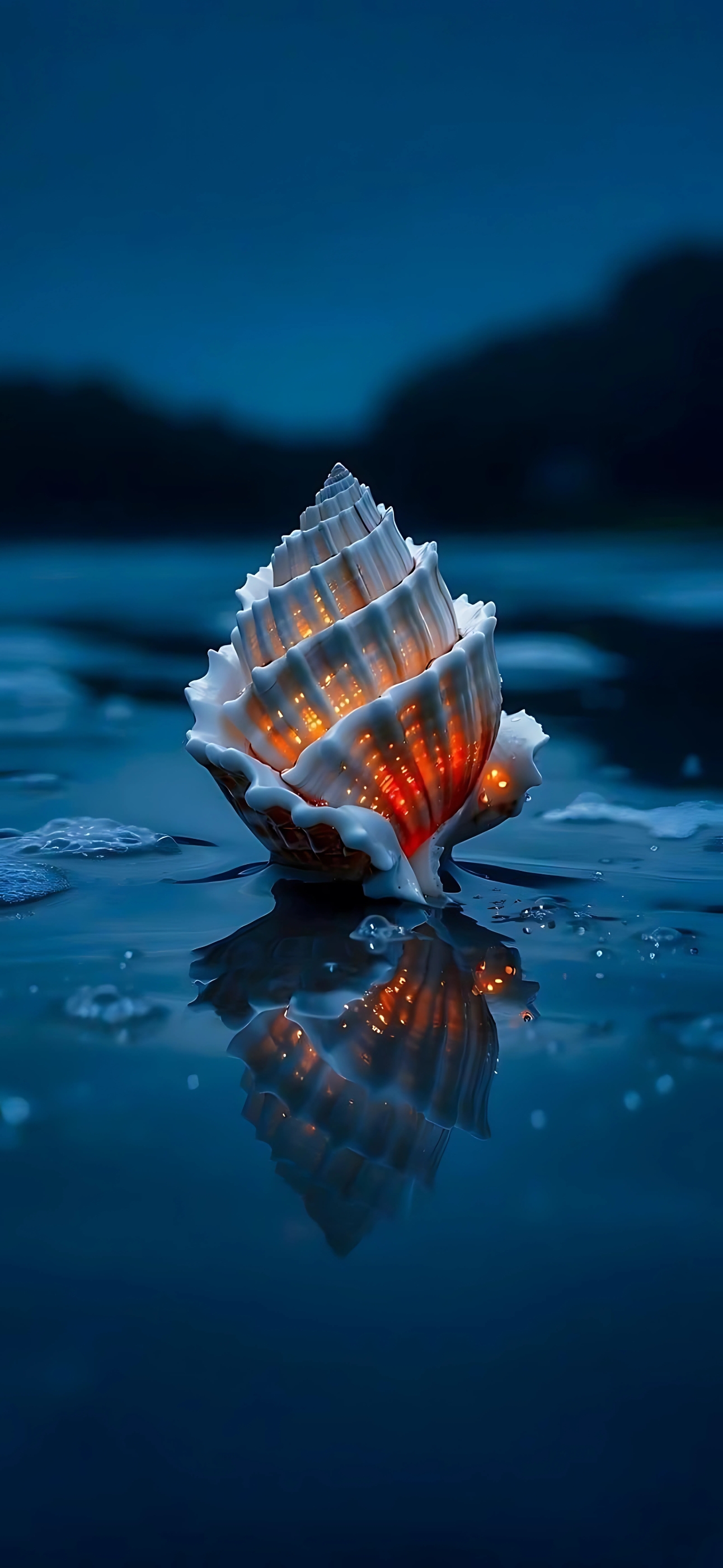 Conch shell illuminated on water, reflecting a serene and mystical ambiance with blue and orange hues | 4K Wallpaper for Mobile