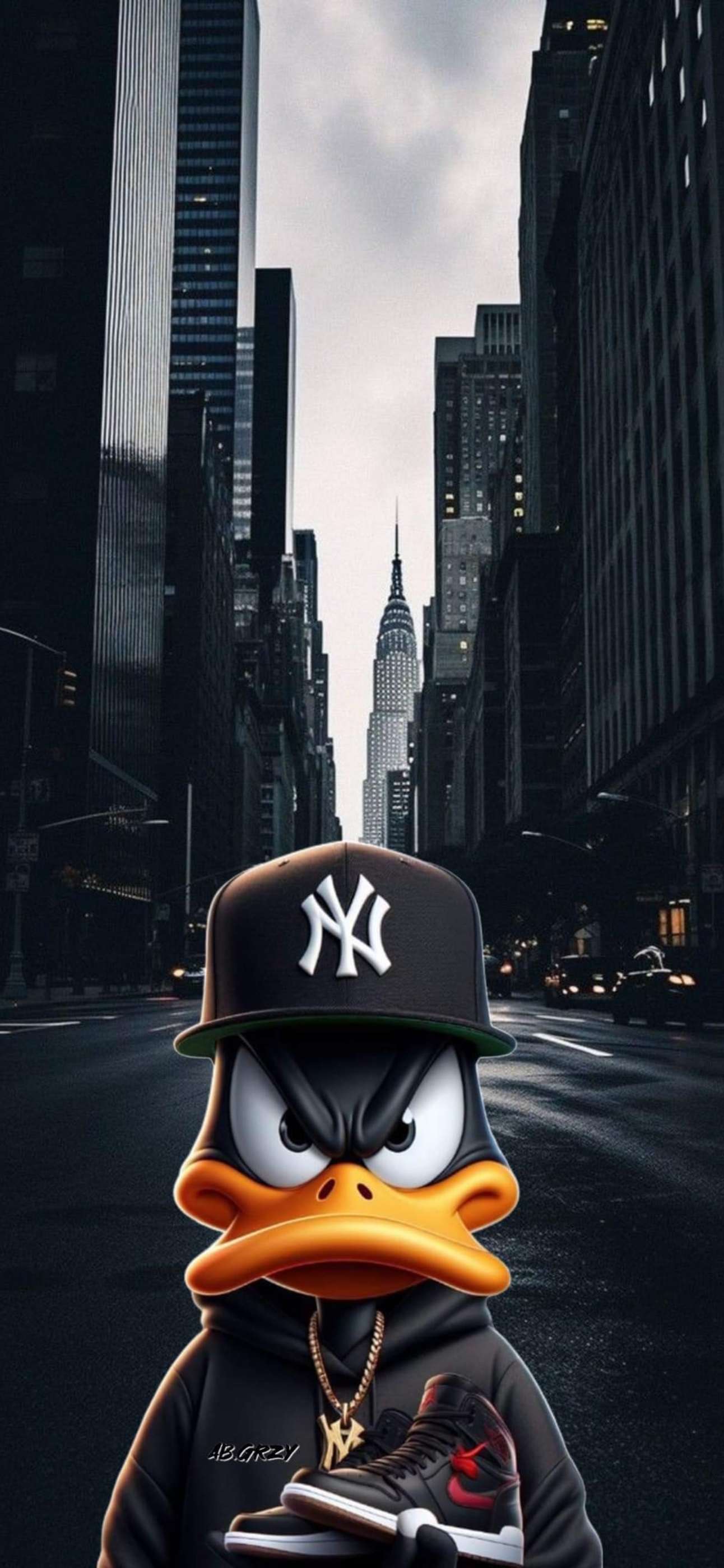 Cartoon duck in NY Yankees cap amid dark urban cityscape, pop culture street style. | 4K Wallpaper for Mobile