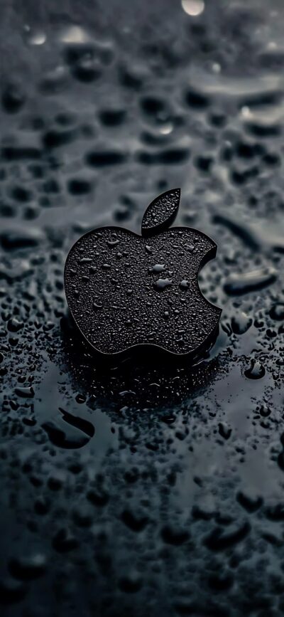 Apple logo on textured dark background with water droplets, sleek modern design | 4K Wallpaper, for Mobile | Black wallpaper