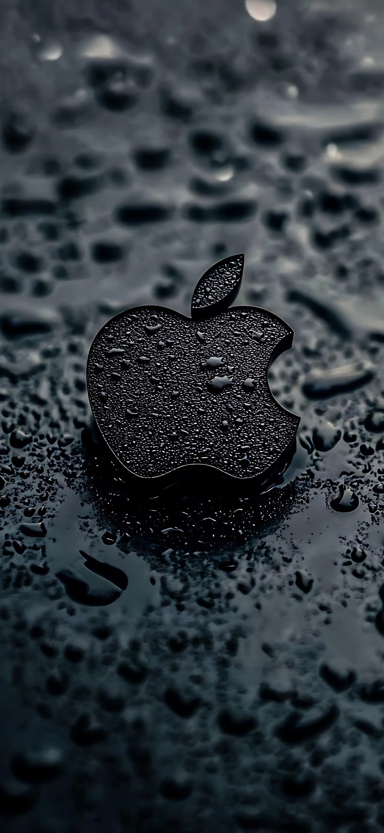 Apple logo on textured dark background with water droplets, sleek modern design | 4K Wallpaper, for Mobile | Black wallpaper