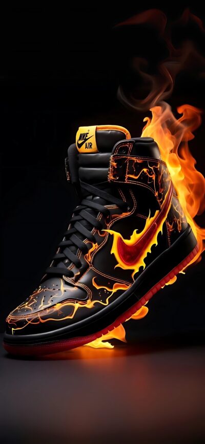 Nike Air sneaker in fiery flames on dark background, highlighting Nike logo | Black, orange, red tones | 4K Wallpaper for Mobile