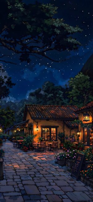 Cobblestone street at night with lantern light, cafe tables, greenery, starry sky | 4K Wallpaper, for Mobile | Blue, yellow, green, orange colors