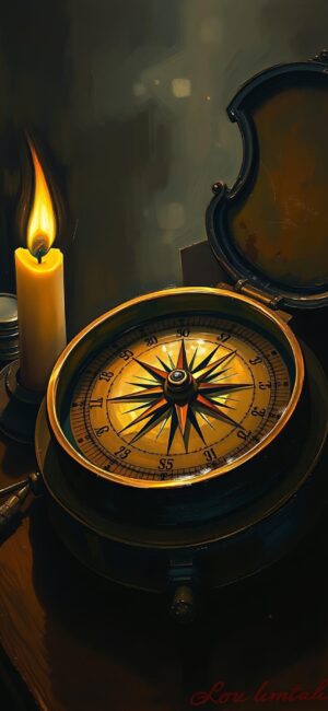 Vintage compass with rose on wood, lit candle ambiance in warm yellow, brown, black tones | 4K Wallpaper for Mobile