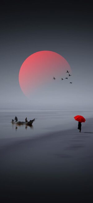 Serene seascape with red umbrella, boat, birds, glowing red sun | 4K Wallpaper for Mobile | Red, Gray, Black | Tranquil & Minimalist