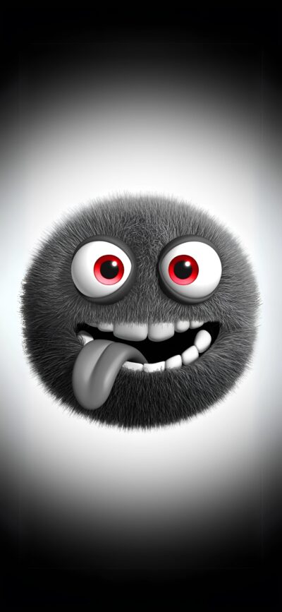 Humorous fuzzy black ball character with wide eyes and tongue, gradient background | 4K Wallpaper for Mobile