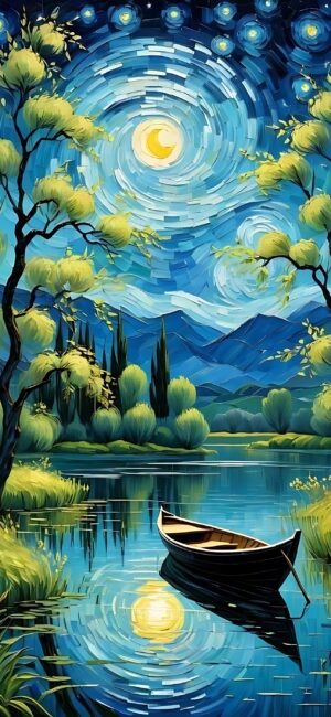 Serene landscape with boat on calm river, lush greenery, starry Van Gogh-like sky, crescent moon reflection | 4K Wallpaper for Mobile