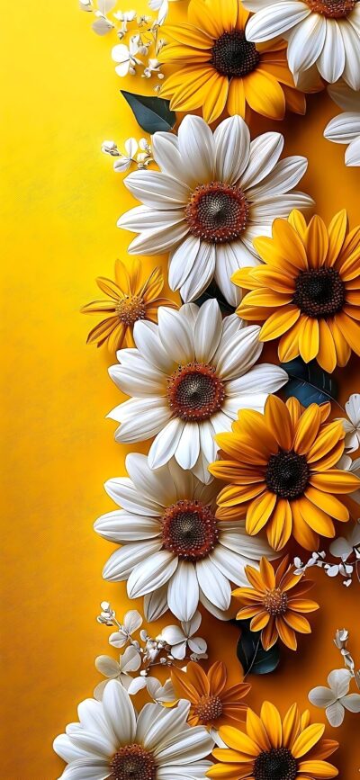 Vibrant floral wallpaper featuring sunflowers and daisies on a yellow background | 4K Wallpaper for Mobile