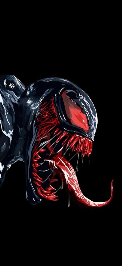 Venom in striking red and black, sharp teeth and long tongue, dramatic contrast on dark background | 4K Wallpaper for Mobile