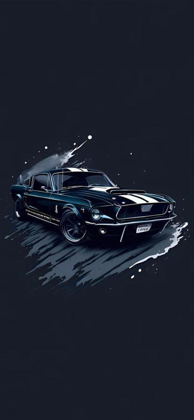 Stylized classic car illustration resembling a Ford Mustang with dynamic effects on a dark backdrop | 4K Wallpaper for Mobile