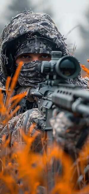 Camouflaged person aiming through a rifle scope in grassy setting, highlighting eyes and orange grass | 4K Wallpaper for Mobile