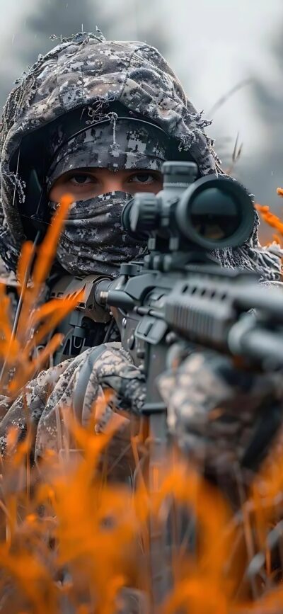 Camouflaged person aiming through a rifle scope in grassy setting, highlighting eyes and orange grass | 4K Wallpaper for Mobile