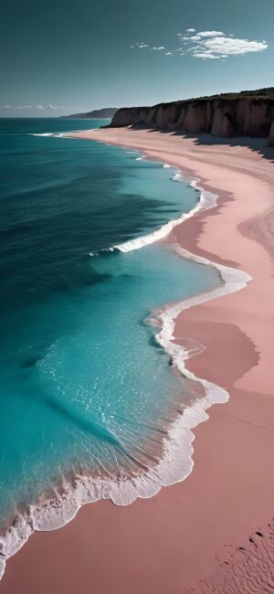 Ocean view with pastel pink beach, cliffs, and drifting cloud creating a serene coastal scene | 4K Wallpaper for Mobile | Blue, Pink, Turquoise