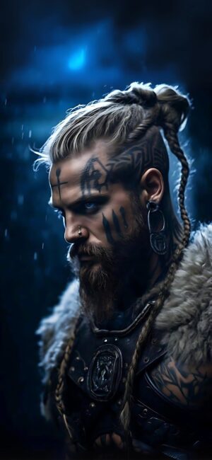 Warrior with braided hair, tattoos, fur cloak, against a dark backdrop. Historical/fantasy theme. | 4K Wallpaper for Mobile