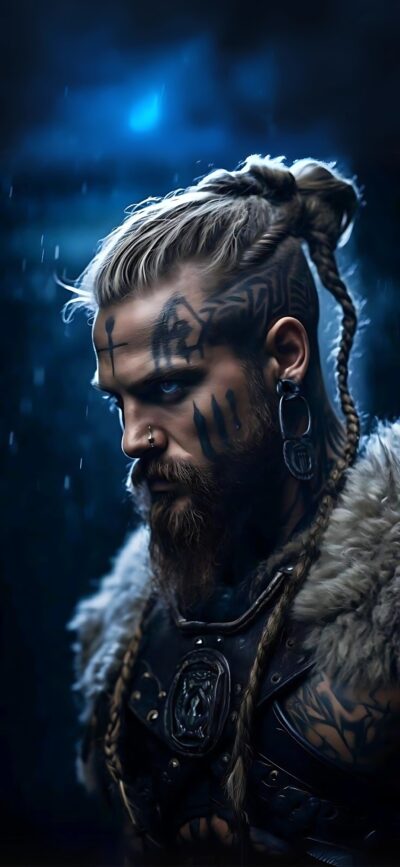 Warrior with braided hair, tattoos, fur cloak, against a dark backdrop. Historical/fantasy theme. | 4K Wallpaper for Mobile