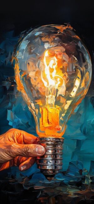 Artistic hand holding glowing bulb in vibrant colors, expressing creativity | 4K Wallpaper, for Mobile | Blue, orange, brown