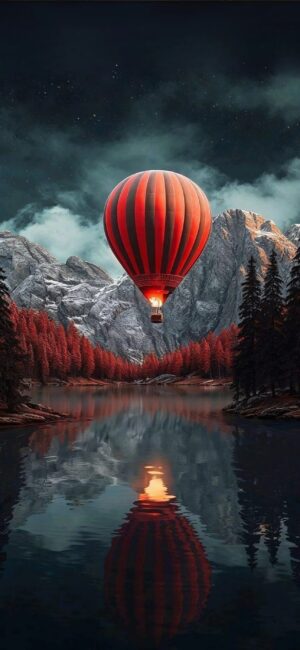 Hot air balloon over tranquil lake with starry night, mountains, & red forests reflection. | 4K Wallpaper, for Mobile