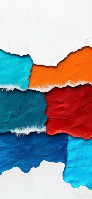 Abstract layered paper texture design with blue, turquoise, orange, red; modern wavy patterns for a vibrant mobile look | 4K Wallpaper