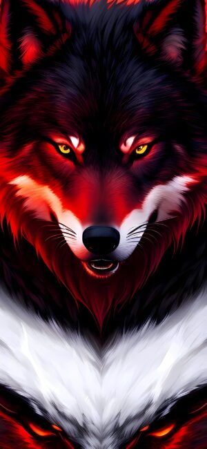 Artistic wolf wallpaper with vibrant reds, whites, blacks, and piercing yellow eyes for a dramatic, mystical look | 4K Wallpaper for Mobile