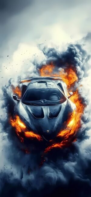 Futuristic car with flames & smoke, creating speed & power. Primary colors: gray, orange, black. | 4K Wallpaper for Mobile