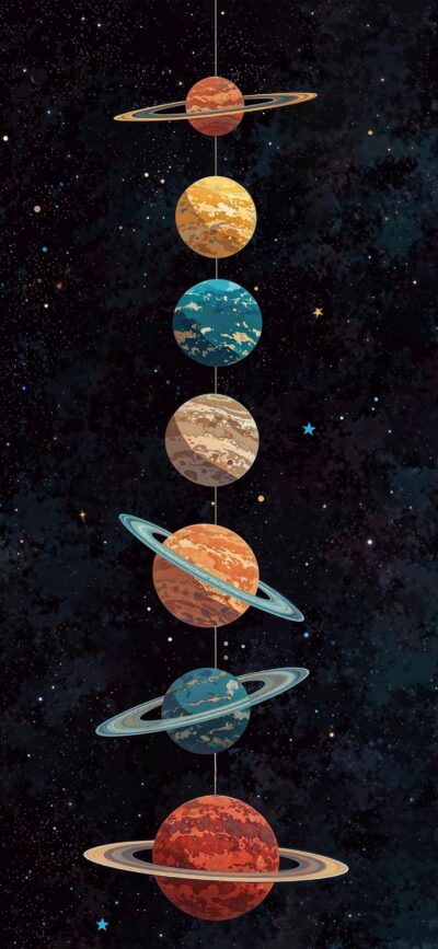 Stylized planets vertically aligned against a starry space background with colorful rings | 4K Wallpaper, for Mobile