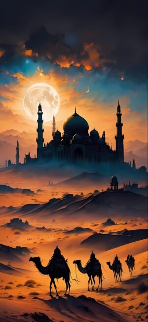 Majestic desert sunset with mosque silhouette, full and crescent moons, camels. Vibrant orange, blue, black hues | 4K Wallpaper for Mobile