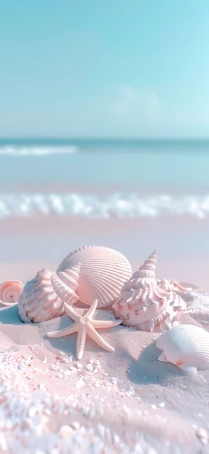 Seashells and starfish on sandy beach with gentle waves and pastel hues. Perfect tranquil ocean-themed mobile background | 4K Wallpaper