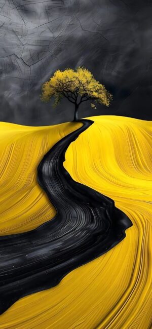 Solitary tree with yellow leaves on a hill; swirling yellow fields, dark path, textured sky. | 4K Wallpaper for Mobile | Yellow, Black, Gray