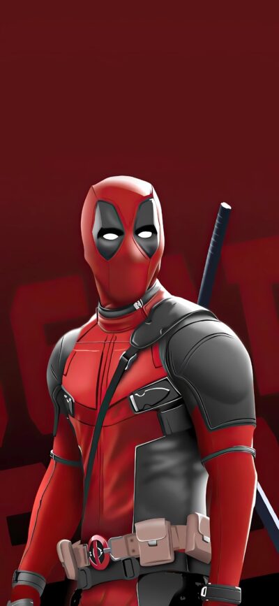 Deadpool in iconic red and black costume with sword; Marvel favorite in witty pose. | 4K Wallpaper for Mobile | Red & Black