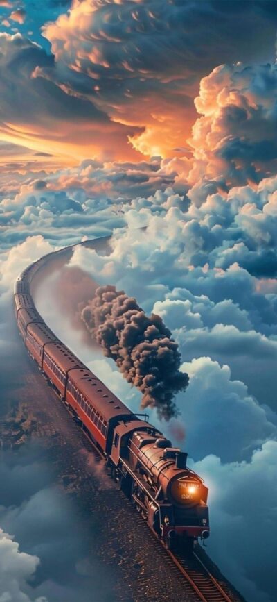 Steam train amidst vibrant sunset clouds, creating a surreal atmosphere | Blue, orange, pink, gray hues | 4K Wallpaper for Mobile