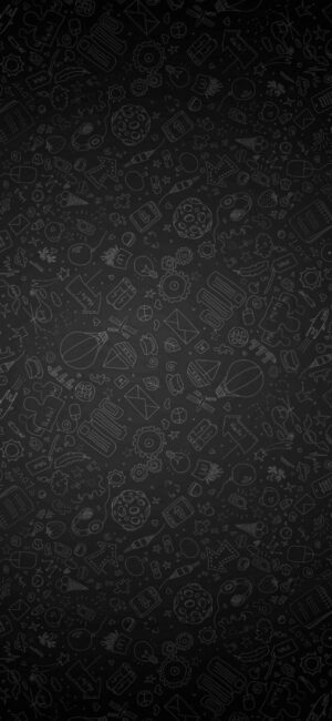 Playful doodle pattern with arrows, gears, and electronics on dark background. | 4K Wallpaper, for Mobile