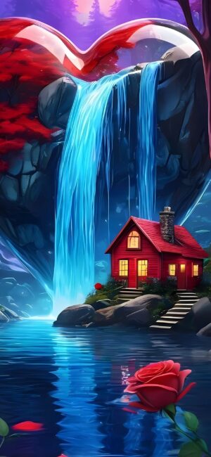 Charming scene with a cozy red house by a waterfall, vibrant foliage, and a floating rose in a serene pool. | 4K Wallpaper for Mobile.