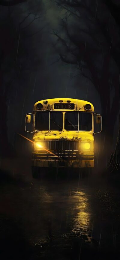 Spooky yellow bus in dark, eerie forest with rain, headlights illuminating path | 4K Wallpaper for Mobile