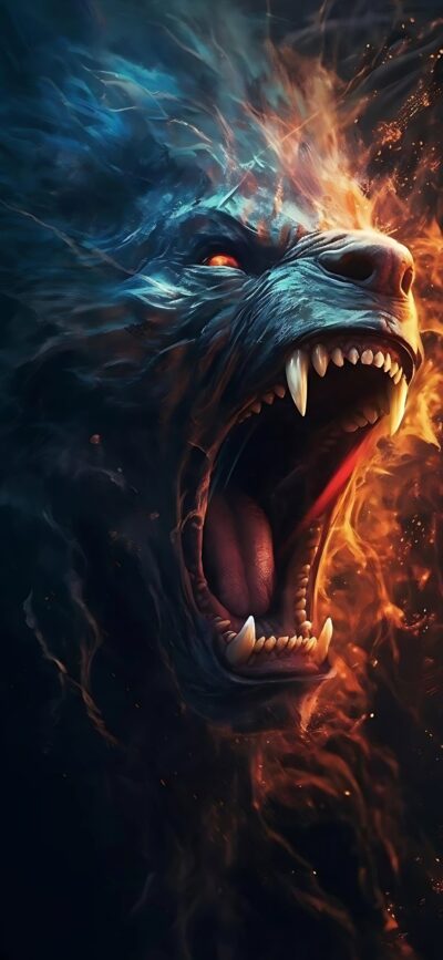 Fierce flaming wolf with fiery eyes and intricate details, featuring dynamic blues and oranges | 4K Wallpaper for Mobile