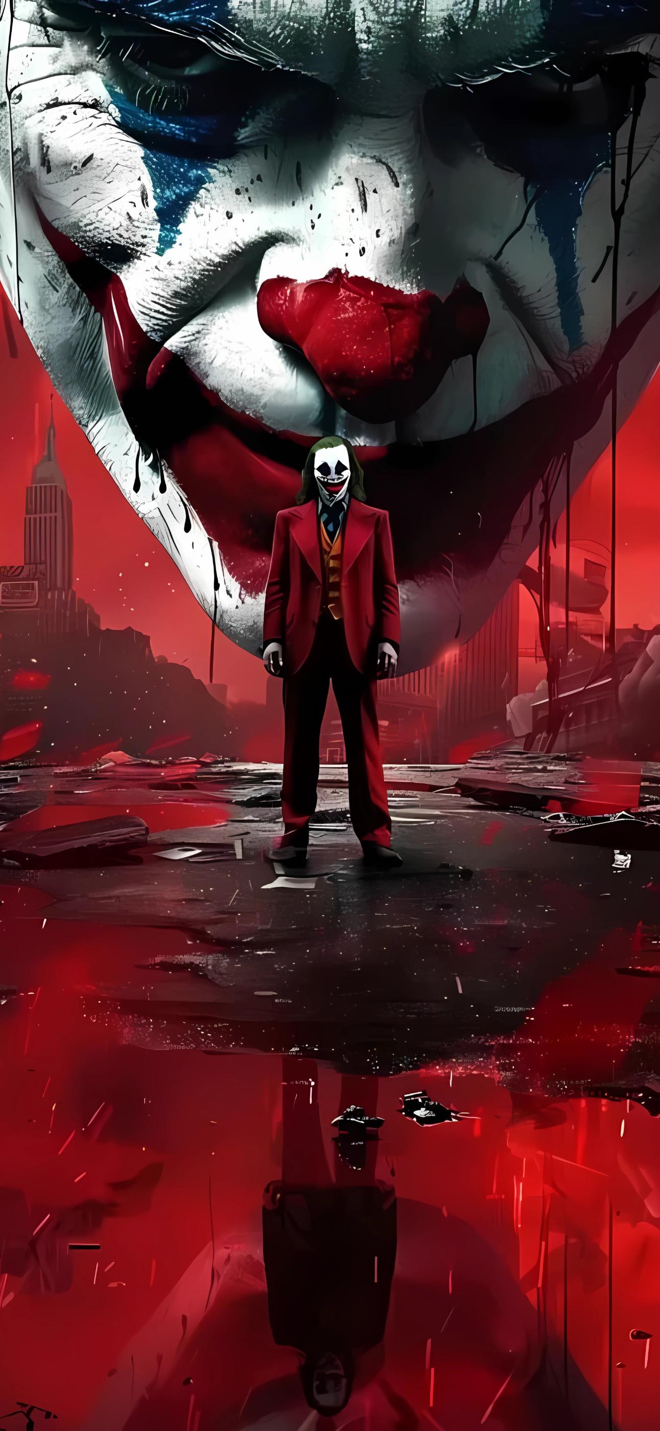 Character in red suit with intense clown face, cityscape backdrop, surreal atmosphere | 4K Wallpaper | for Mobile