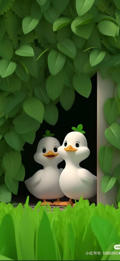 Two cute animated ducks with sprout hats framed by lush leaves | Whimsical, cheerful scene | 4K Wallpaper for Mobile