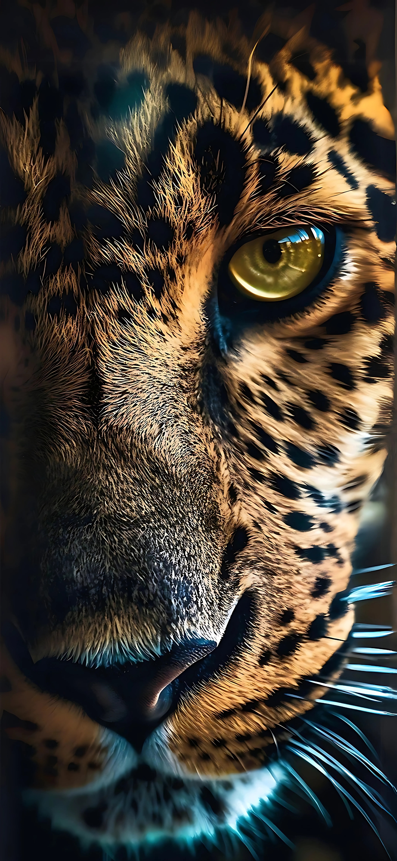 Close-up of leopard's face with striking golden eye and detailed fur. | Black, Gold, Brown | Wildlife elegance. | 4K Wallpaper for Mobile