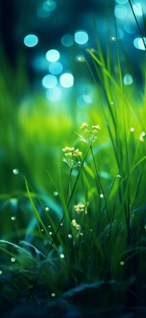 Serene nature scene with yellow flowers in green grass and dreamy bokeh background in blue and green hues | 4K Wallpaper for Mobile