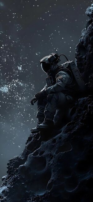 Astronaut on rocky surface in space surrounded by stars, evoking solitude and exploration. | 4K Wallpaper for Mobile | Black, Dark, Gray, Blue.