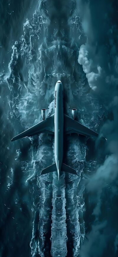 Airplane over turbulent ocean waves, blending aviation and marine themes in blue and teal hues. Dramatic scene | 4K Wallpaper for Mobile