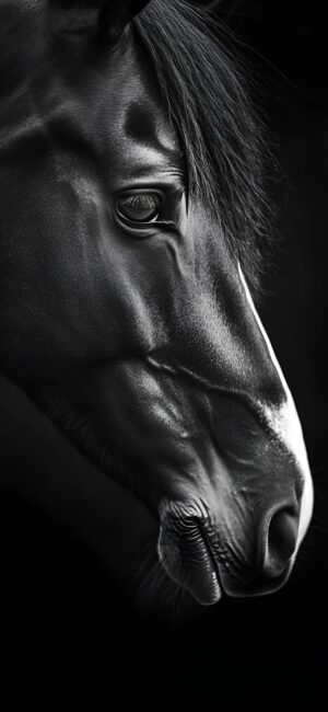 alt="Close-up black and white horse head, highlighting eye and mane texture | 4K Wallpaper for Mobile"