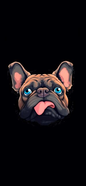 Cartoon French Bulldog with blue eyes, tongue out on black background | 4K Wallpaper for Mobile | Black, Blue, Brown Colors