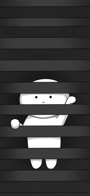 Cute minimalistic cartoon character peeking through black slats on a playful design | Black & White 4K Wallpaper for Mobile