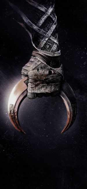 Moon Knight-inspired wallpaper, featuring a wrapped hand with a crescent weapon against a starry sky. | 4K Wallpaper for Mobile