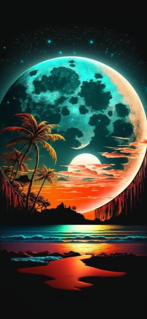 Surreal landscape with a glowing moon, turquoise sky, silhouetted palms, and sunset. Dreamlike beach scene | 4K Wallpaper for Mobile