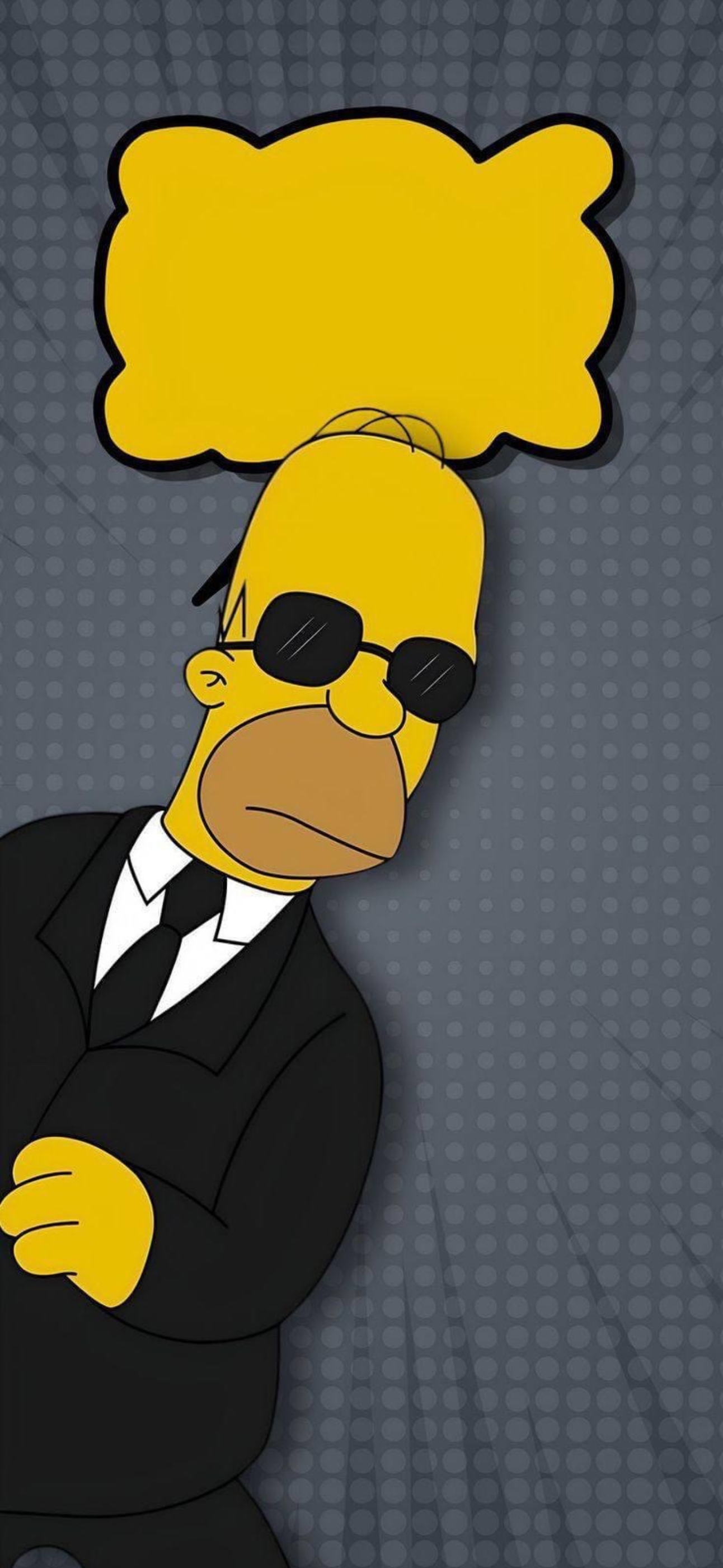 Homer Simpson parody in a black suit & sunglasses against a grayscale dotted background | 4K Wallpaper, for Mobile