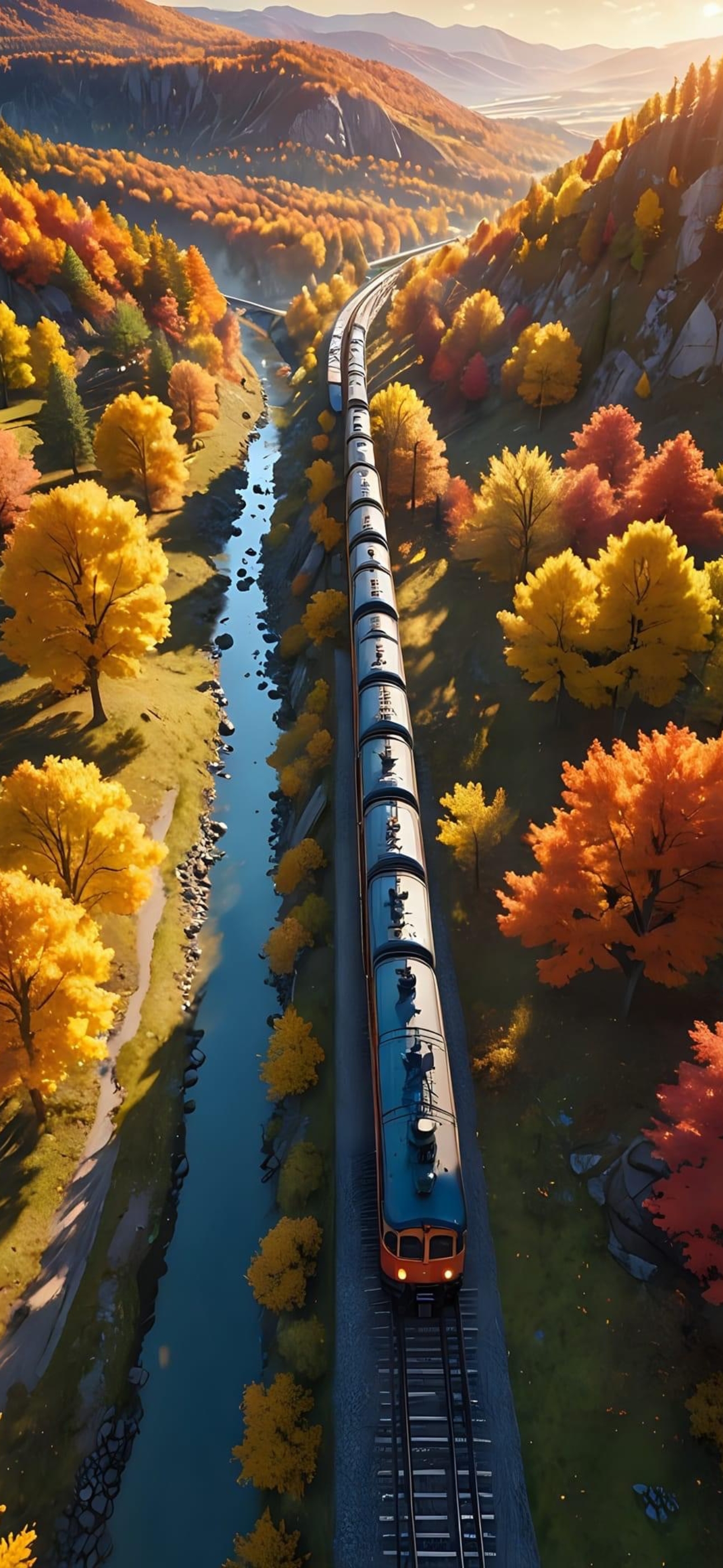 Autumn Train in Valley with Vibrant Foliage and River | 4K Wallpaper for Mobile