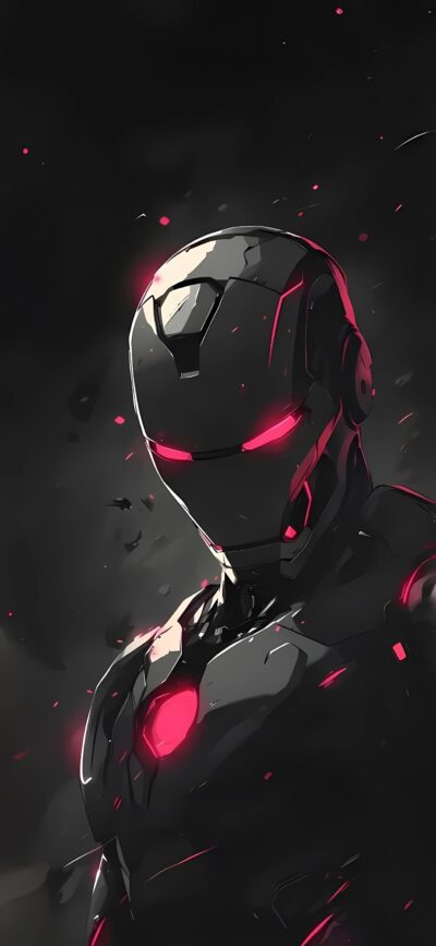 Futuristic armored figure with superhero vibes on a dark background with red accents | 4K Wallpaper for Mobile