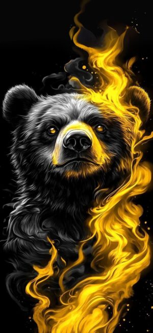 Bear with fiery golden flames design on dark background, vivid contrast black-yellow elements | 4K Wallpaper for Mobile