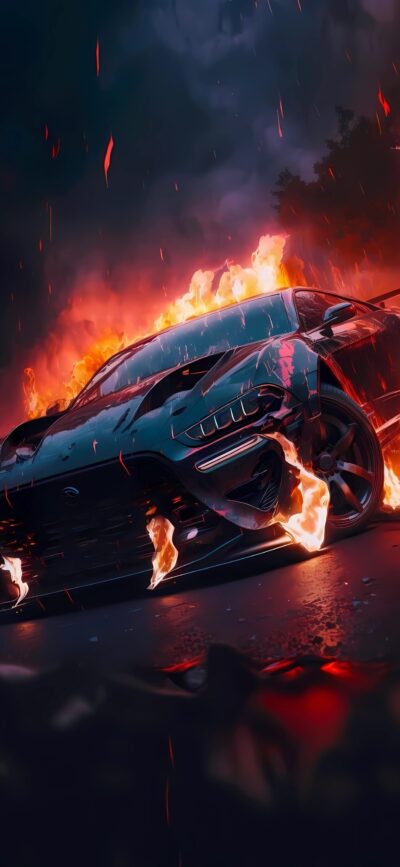 Sleek sports car in flames against a smoky backdrop, capturing high-speed energy. Black, orange, red tones. | 4K Wallpaper for Mobile